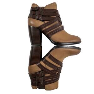 Sofft Arminda Leather Strappy Ankle Boot Stacked Heel Caramello Brown Size 7M